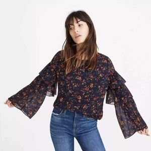 MADEWELL Small Ruffle Semi Sheer Sleeve Navy Climbing Vine Floral Midnight Top